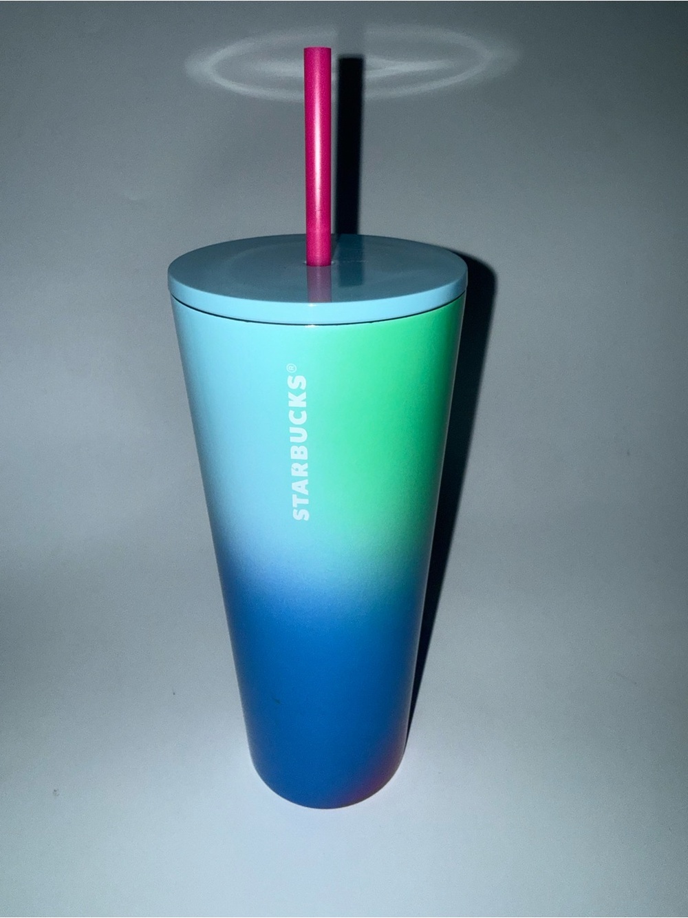 USED Starbucks Blue-Green Ombre Stainless Tumbler with Pink Straw